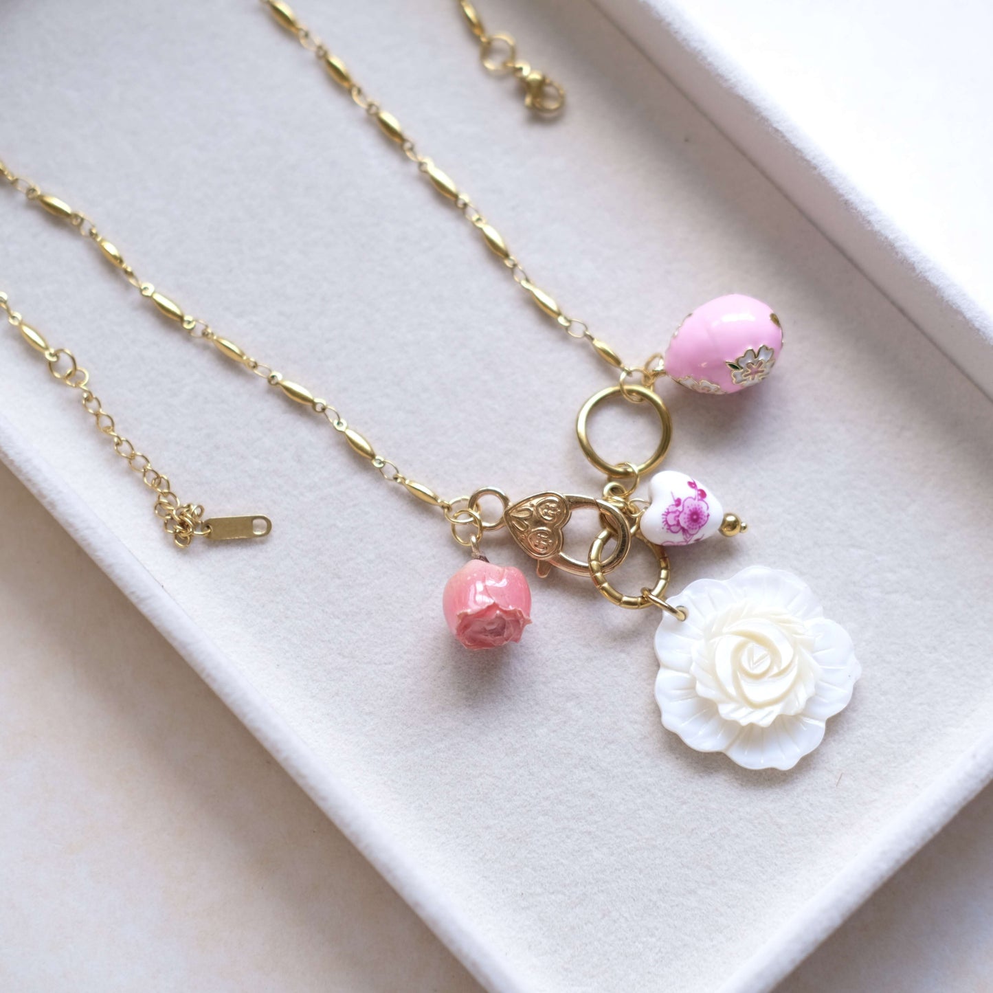 Pink Rose Charm Necklace - Gold Chain with Floral Accents"