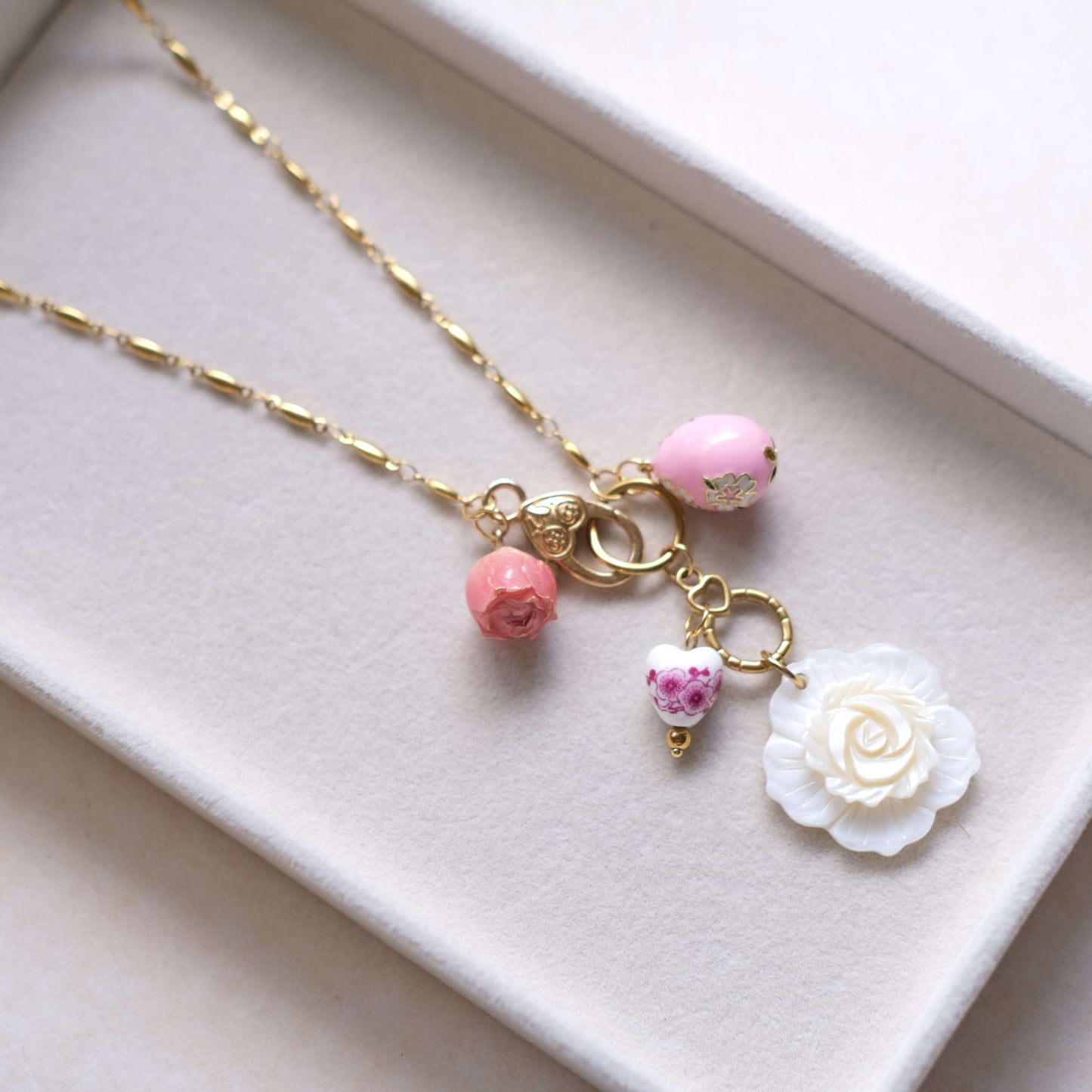 Pink Rose Charm Necklace - Gold Chain with Floral Accents"