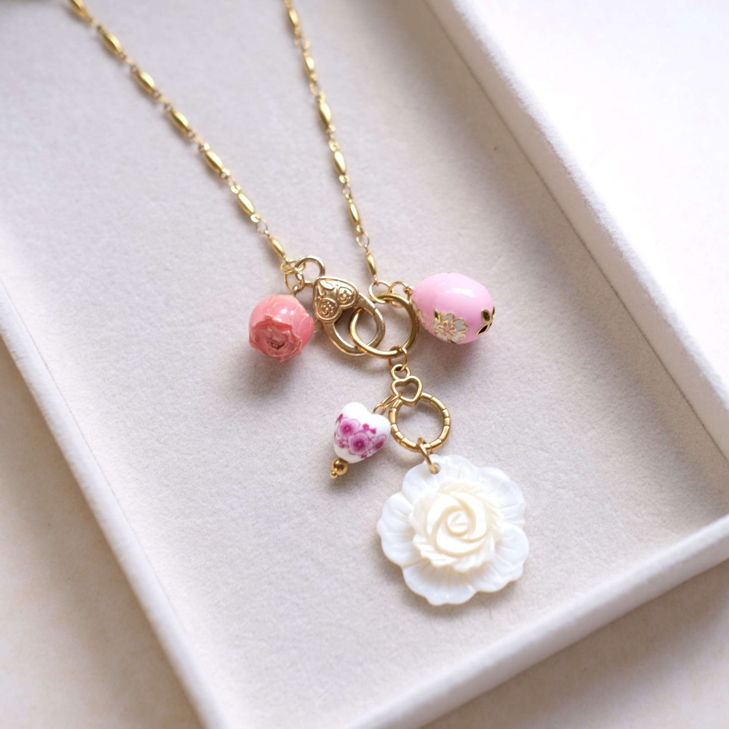 Pink Rose Charm Necklace - Gold Chain with Floral Accents"