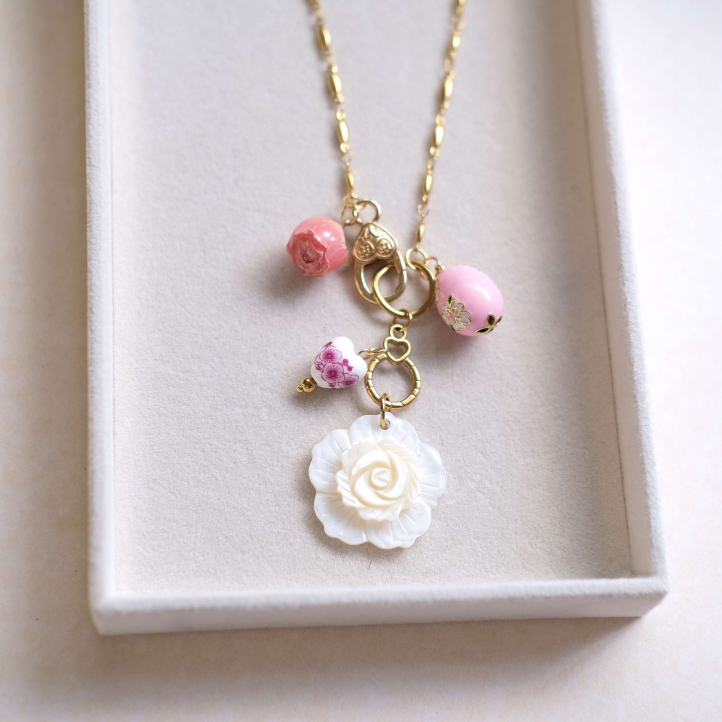 Pink Rose Charm Necklace - Gold Chain with Floral Accents"