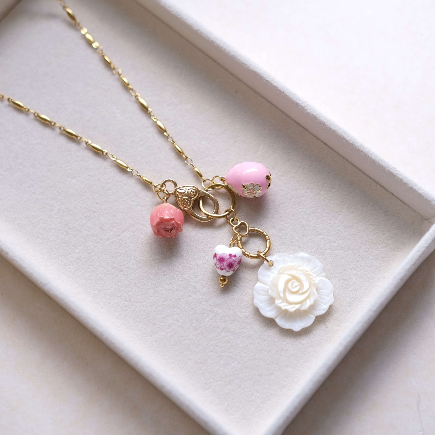 Pink Rose Charm Necklace - Gold Chain with Floral Accents"