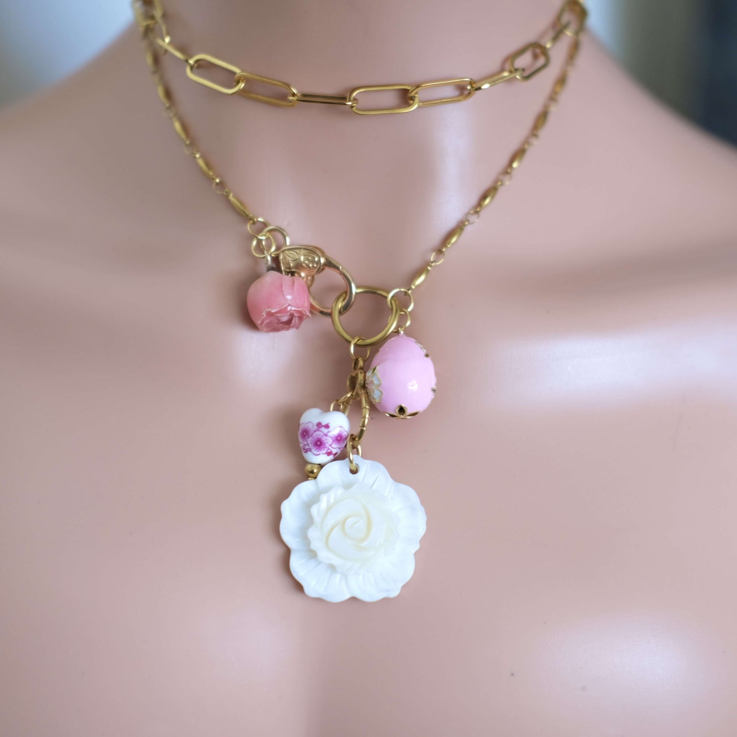 Pink Rose Charm Necklace - Gold Chain with Floral Accents"