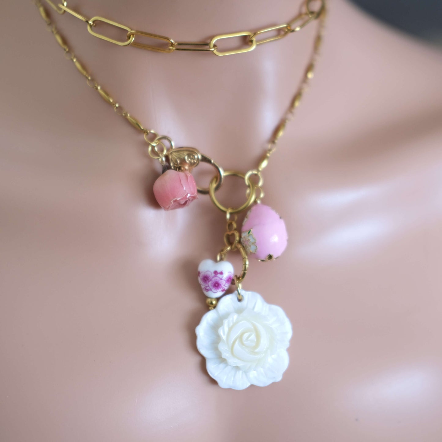 Pink Rose Charm Necklace - Gold Chain with Floral Accents"