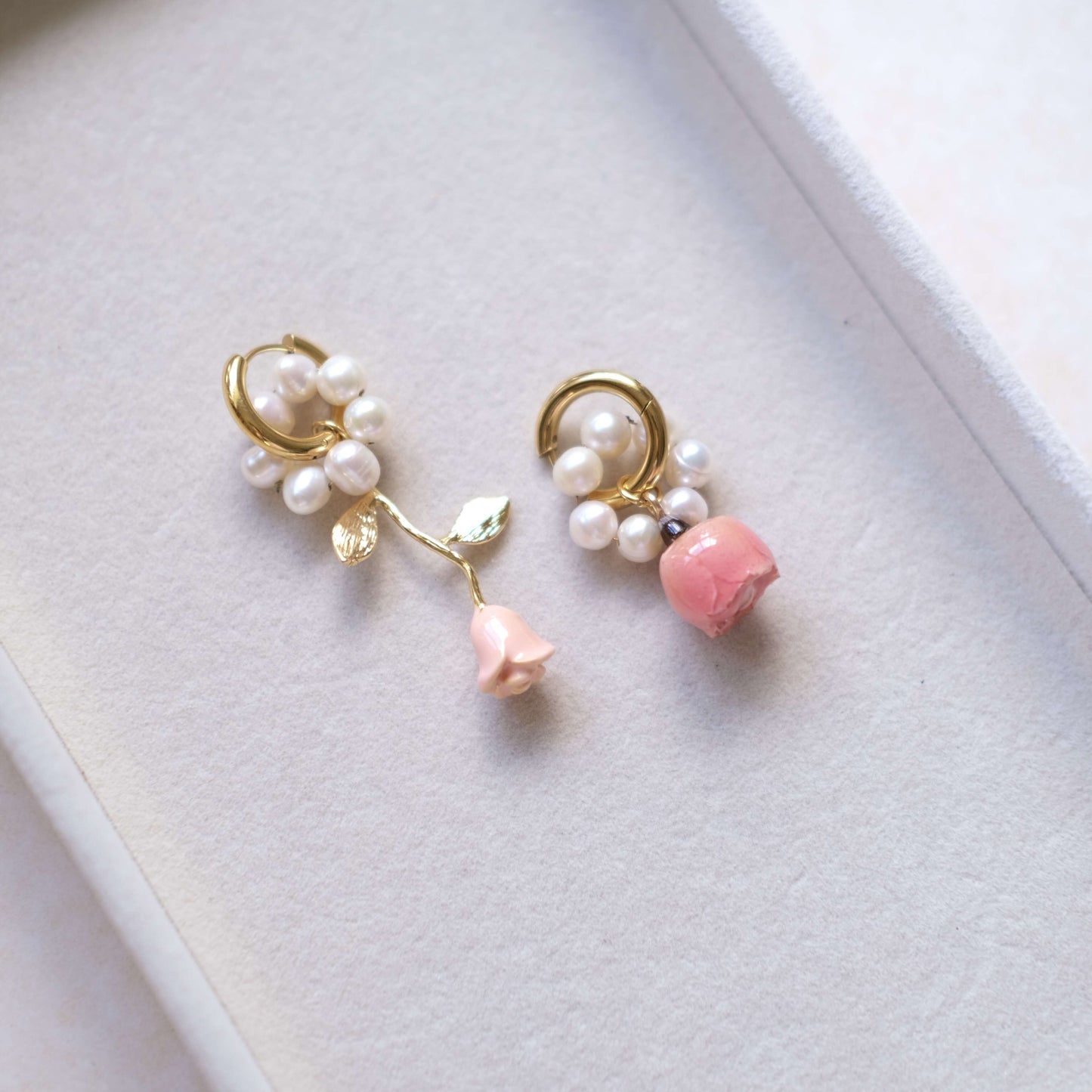Pink Rose Charm Necklace - Gold Chain with Floral Accents"