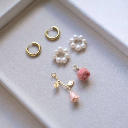 Pink Rose Charm Necklace - Gold Chain with Floral Accents"