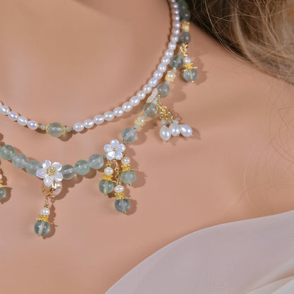 Collar de hadas verde, cuentas de cristal de ágata hechas a mano, cuentas de fluorita mixtas hechas a mano, collar de perlas, joyería